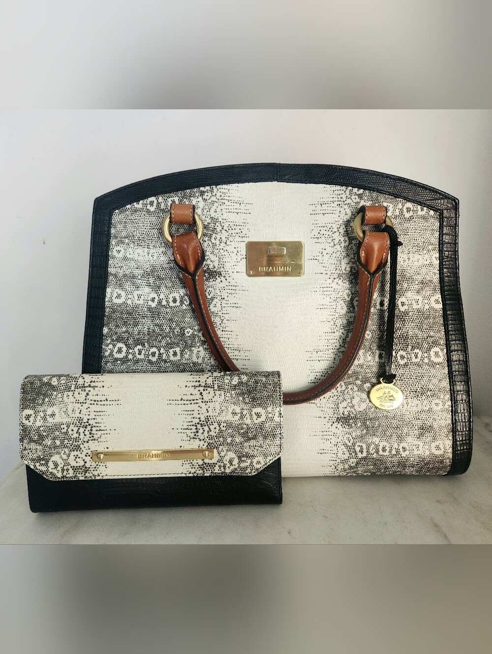 Brahmin Oxford Satchel Black & White Lizard Tan Handles Shoulder Bag & Wallet